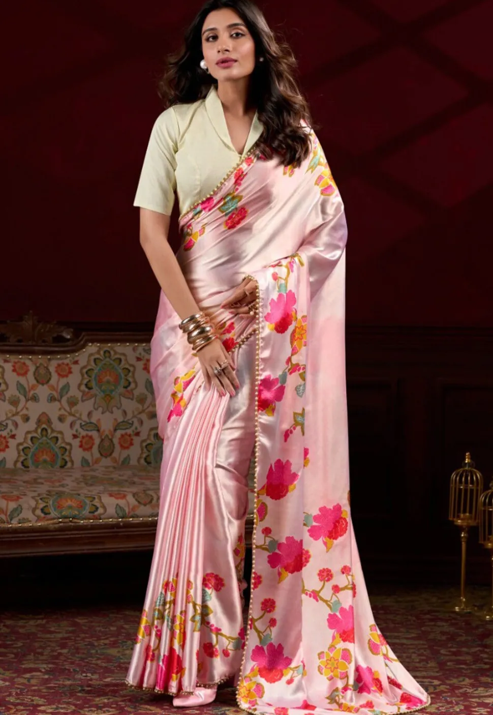 Digital Printed Satin Silk Saree in Light Pink