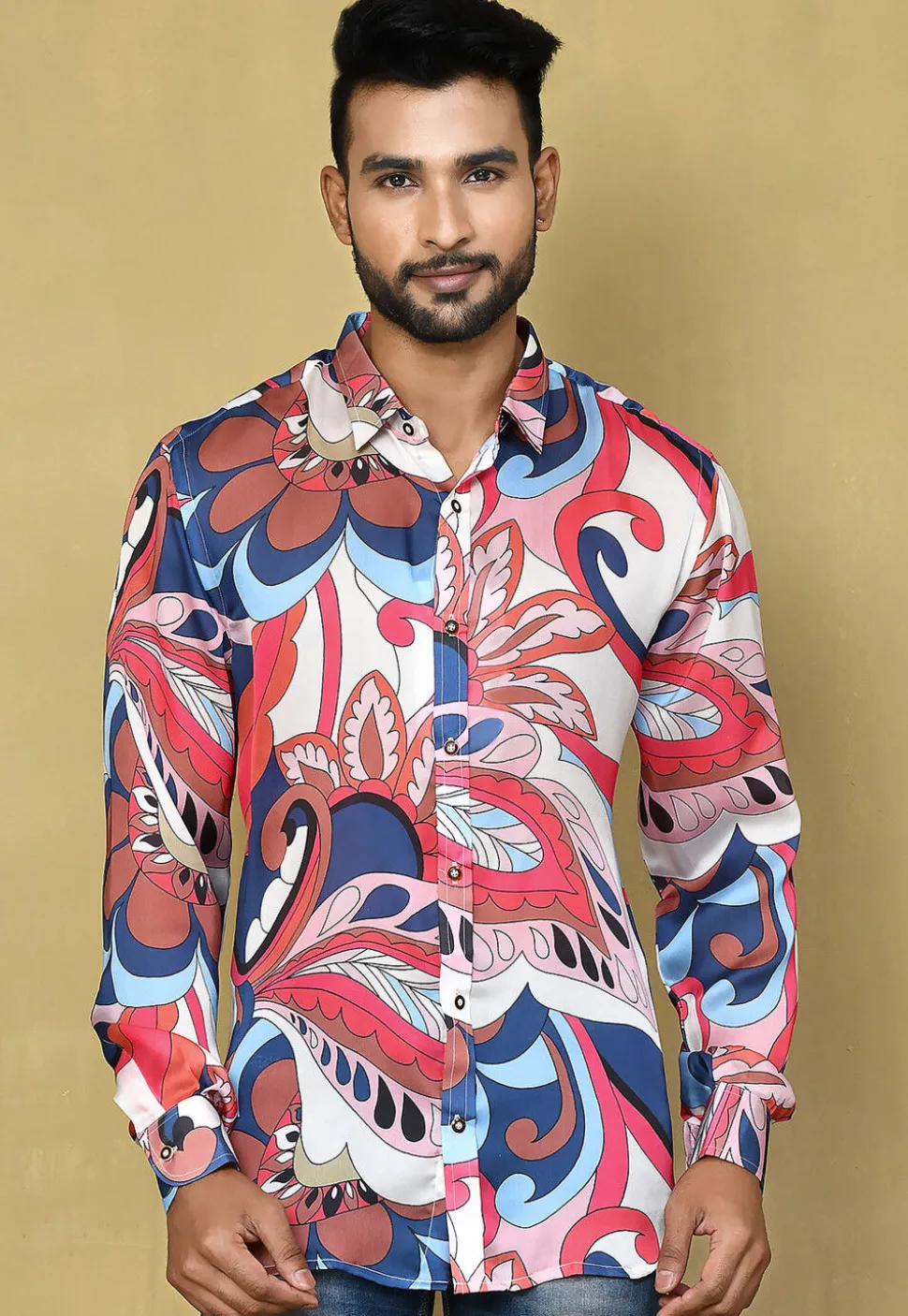 Digital Printed Satin Silk Shirt in Multicolor