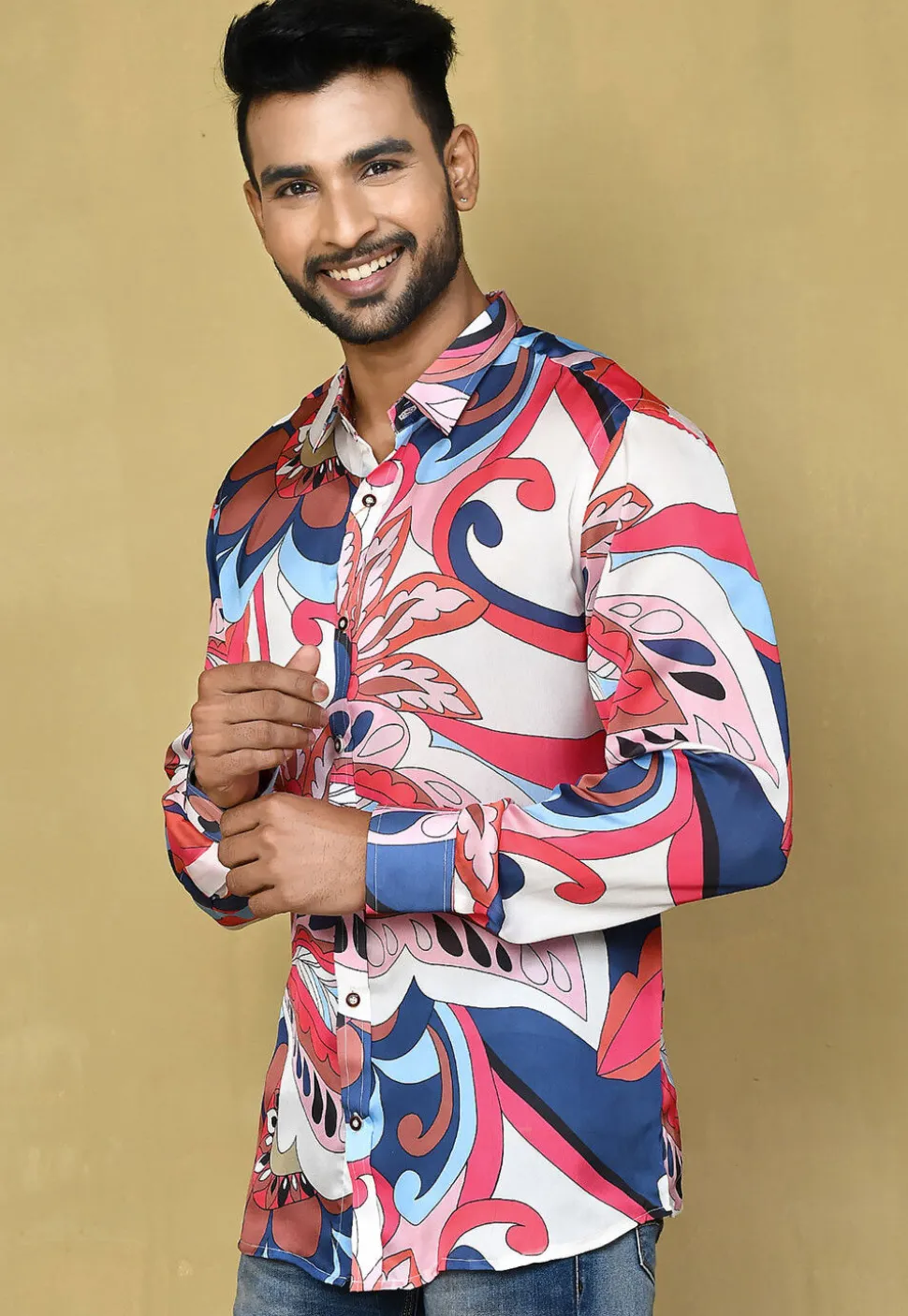 Digital Printed Satin Silk Shirt in Multicolor