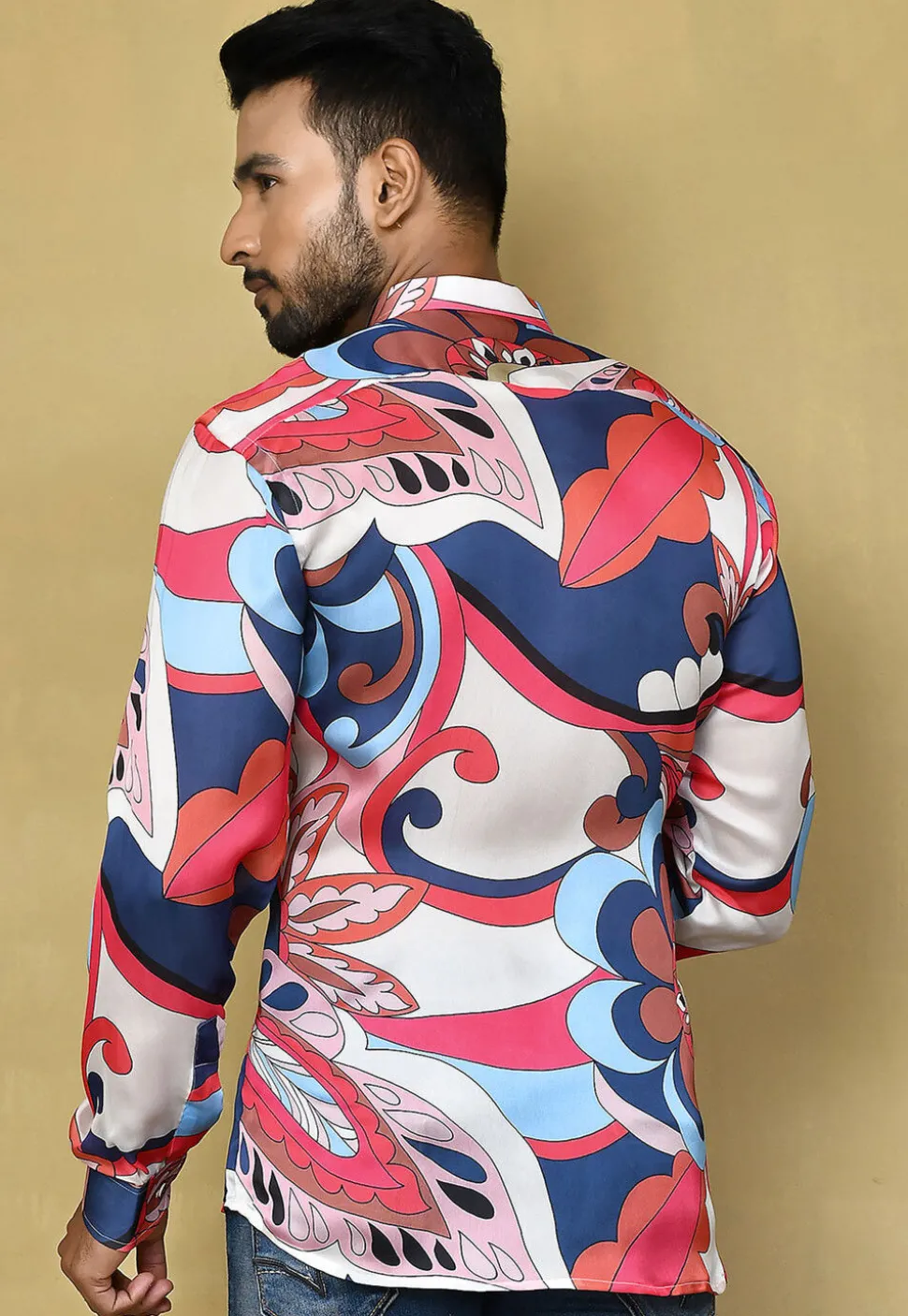 Digital Printed Satin Silk Shirt in Multicolor
