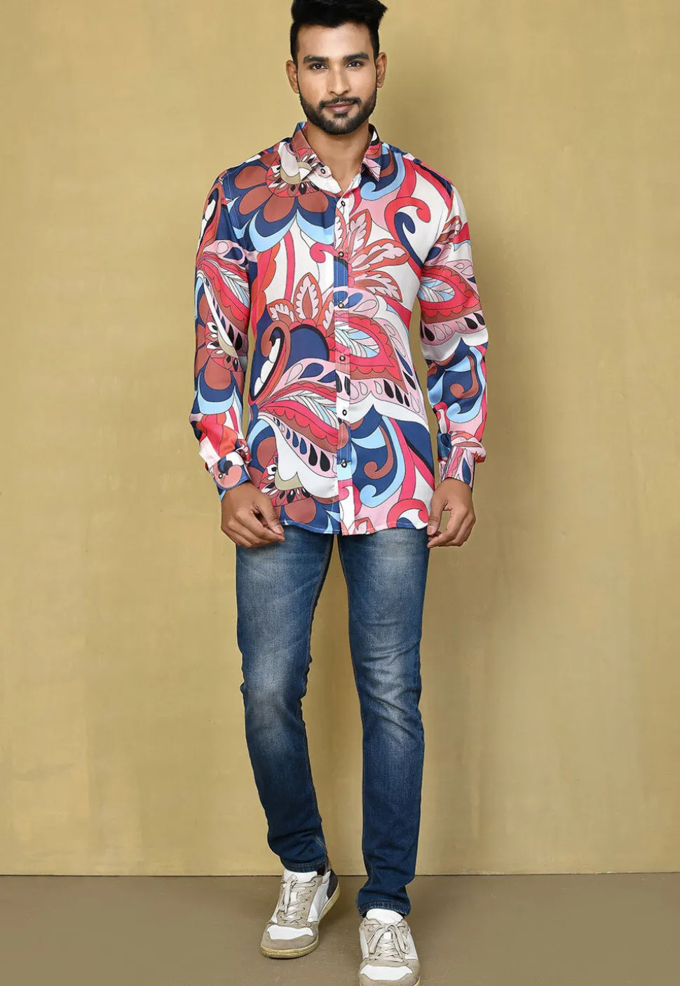 Digital Printed Satin Silk Shirt in Multicolor