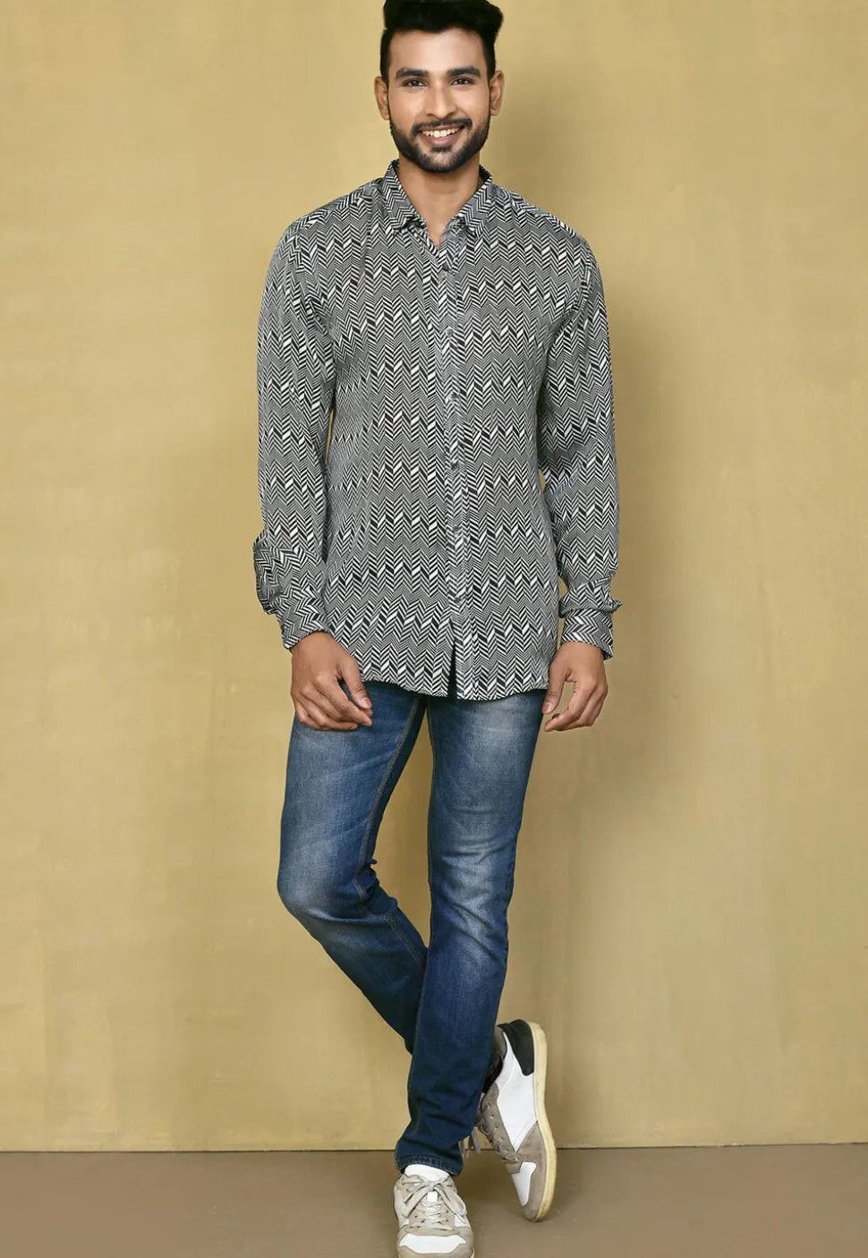 Digital Printed Satin Silk Shirt in Black and White