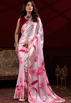 Digital Printed Satin Silk Saree in Baby Pink