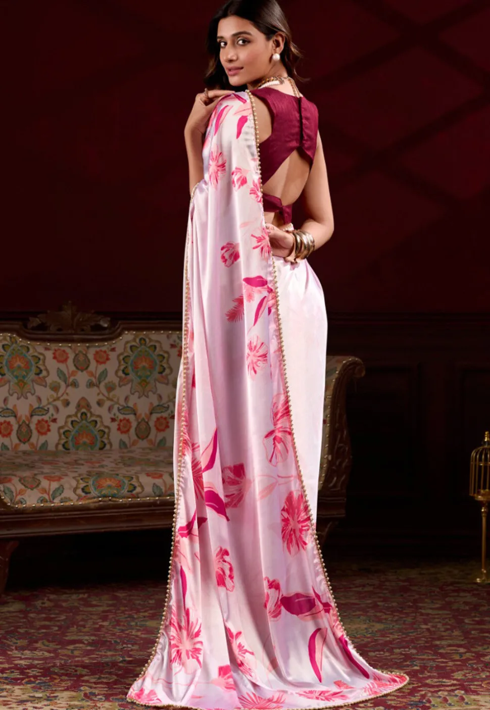 Digital Printed Satin Silk Saree in Baby Pink