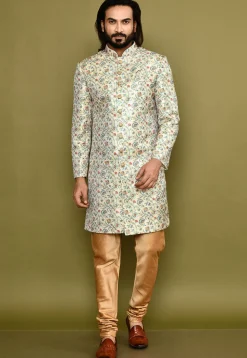 Digital Printed Satin Silk Sherwani in Cream