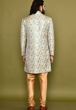 Digital Printed Satin Silk Sherwani in Cream