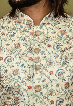 Digital Printed Satin Silk Sherwani in Cream