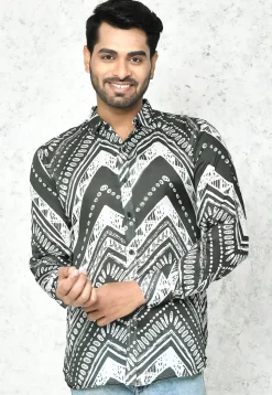 Digital Printed Satin Silk Shirt in Grey and White