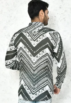 Digital Printed Satin Silk Shirt in Grey and White