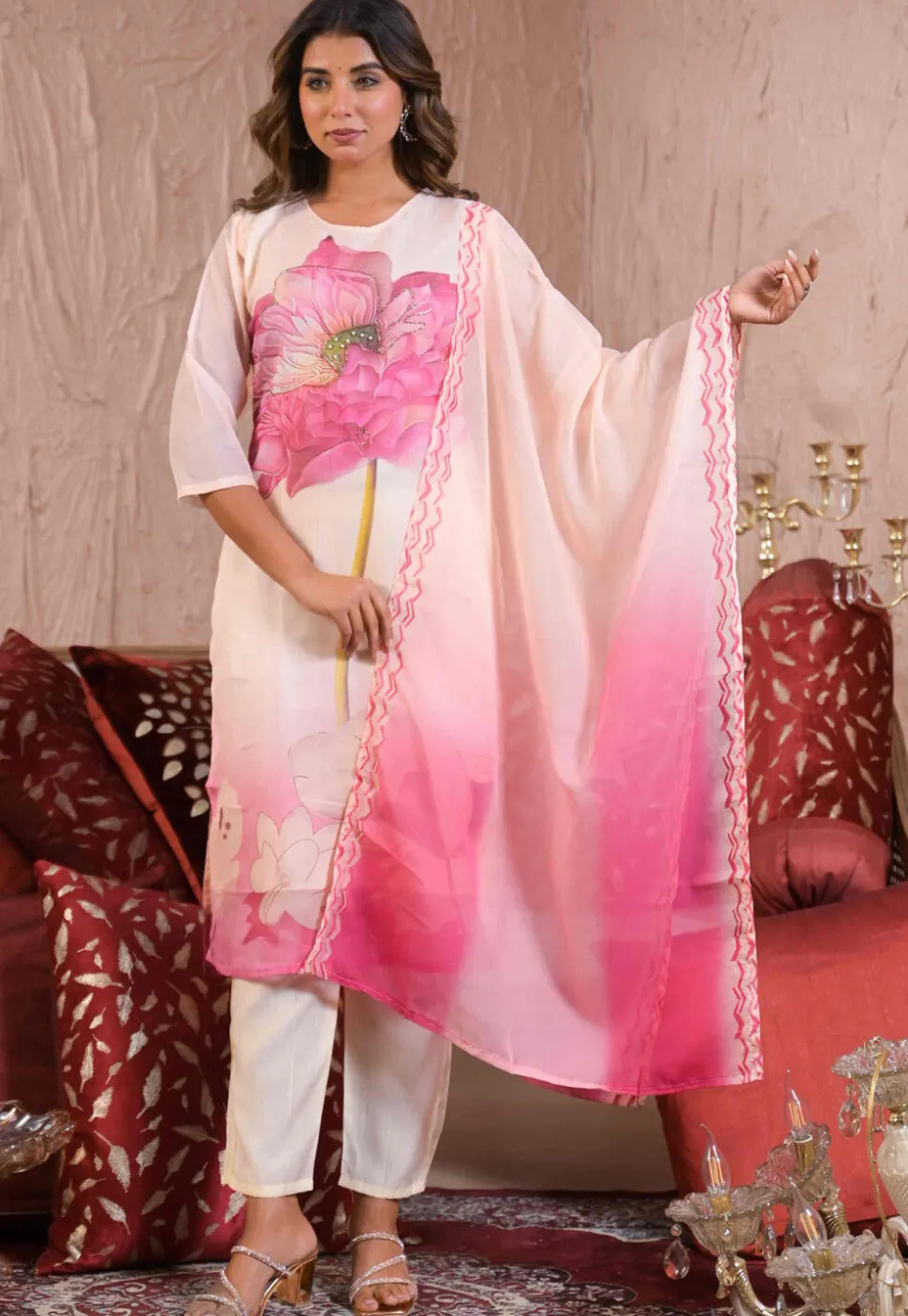 Digital Printed Satin Silk Pakistani Suit in Baby Pink