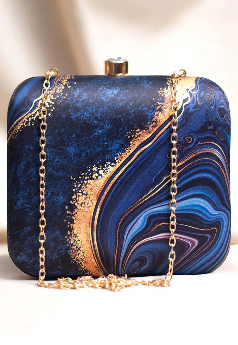 Digital Printed Satin Square Clutch Bag in Navy Blue