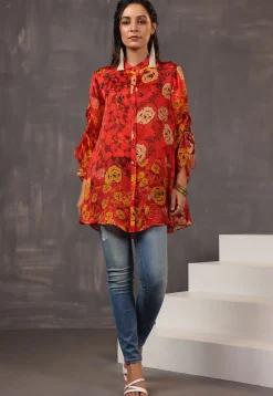Digital Printed Satin Tunic in Red