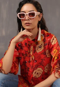 Digital Printed Satin Tunic in Red