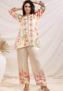 Digital Printed Satin Tunic Set in Cream