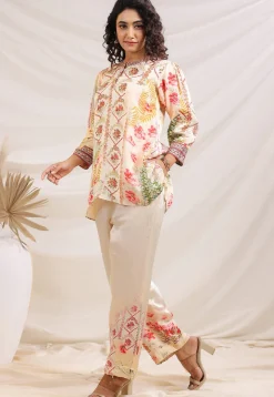 Digital Printed Satin Tunic Set in Cream
