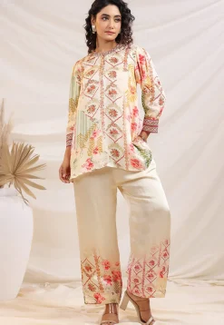 Digital Printed Satin Tunic Set in Cream