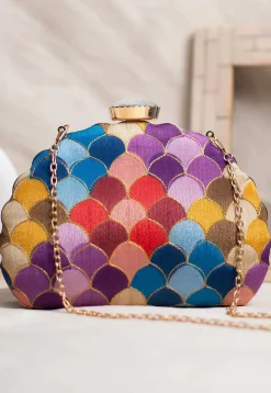 Digital Printed Synthetic Scalloped Clutch Bag in Multicolor