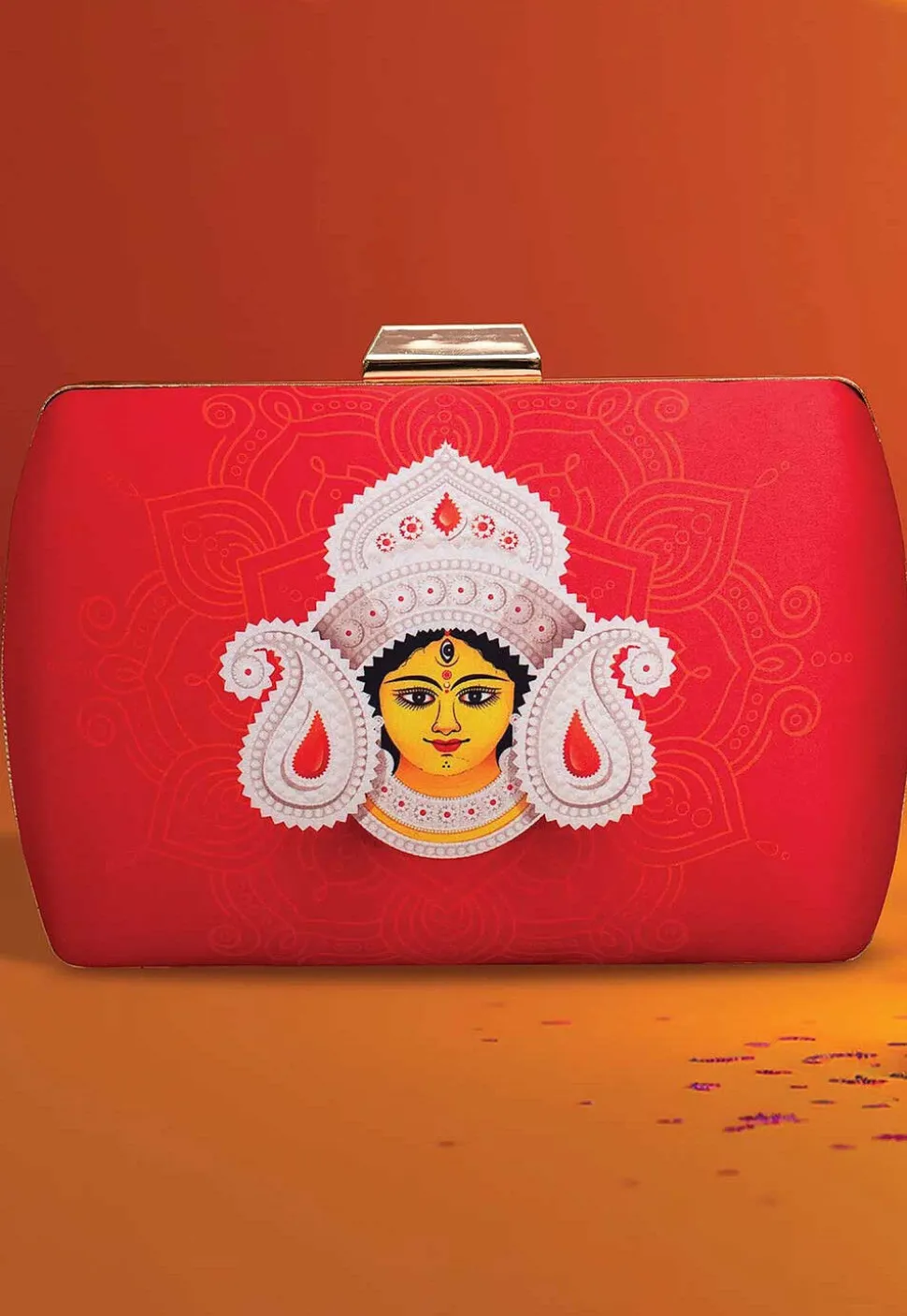 Digital Printed Synthetic Rectangular Clutch Bag in Red