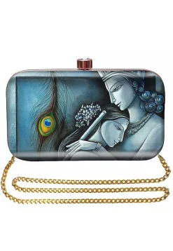 Digital Printed Synthetic Rectangular Clutch Bag in Blue