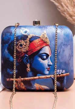Digital Printed Synthetic Square Clutch Bag in Blue