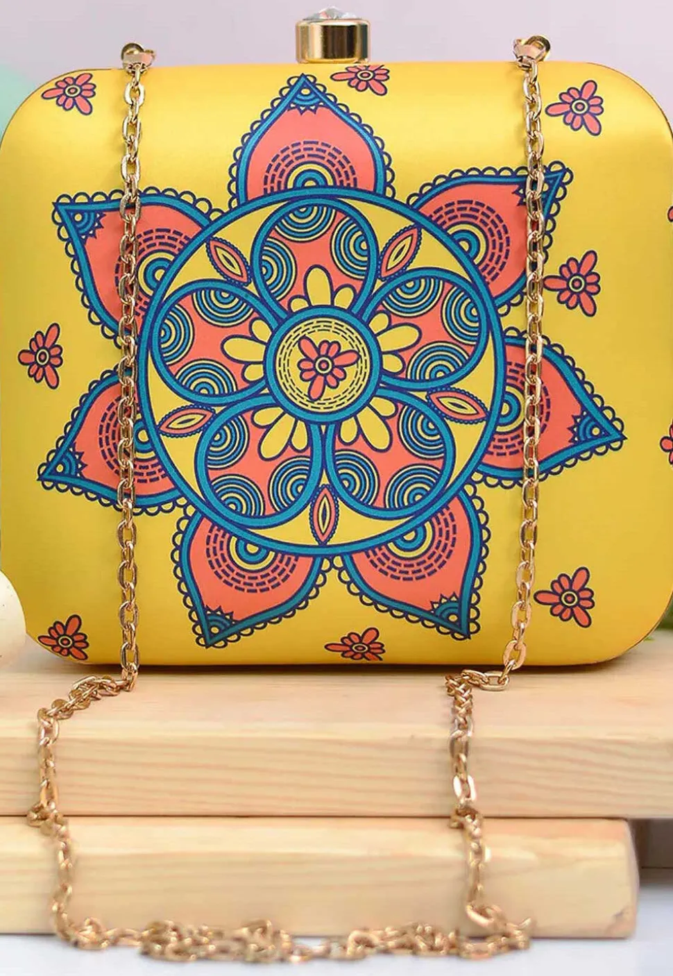 Digital Printed Synthetic Square Clutch Bag in Yellow