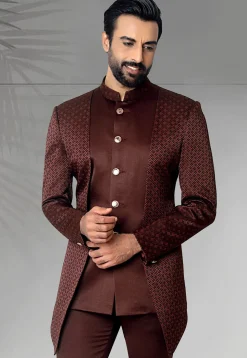 Digital Printed Terry Rayon Jodhpuri Jacket in Maron