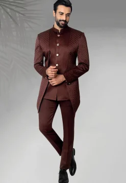 Digital Printed Terry Rayon Jodhpuri Jacket in Maron