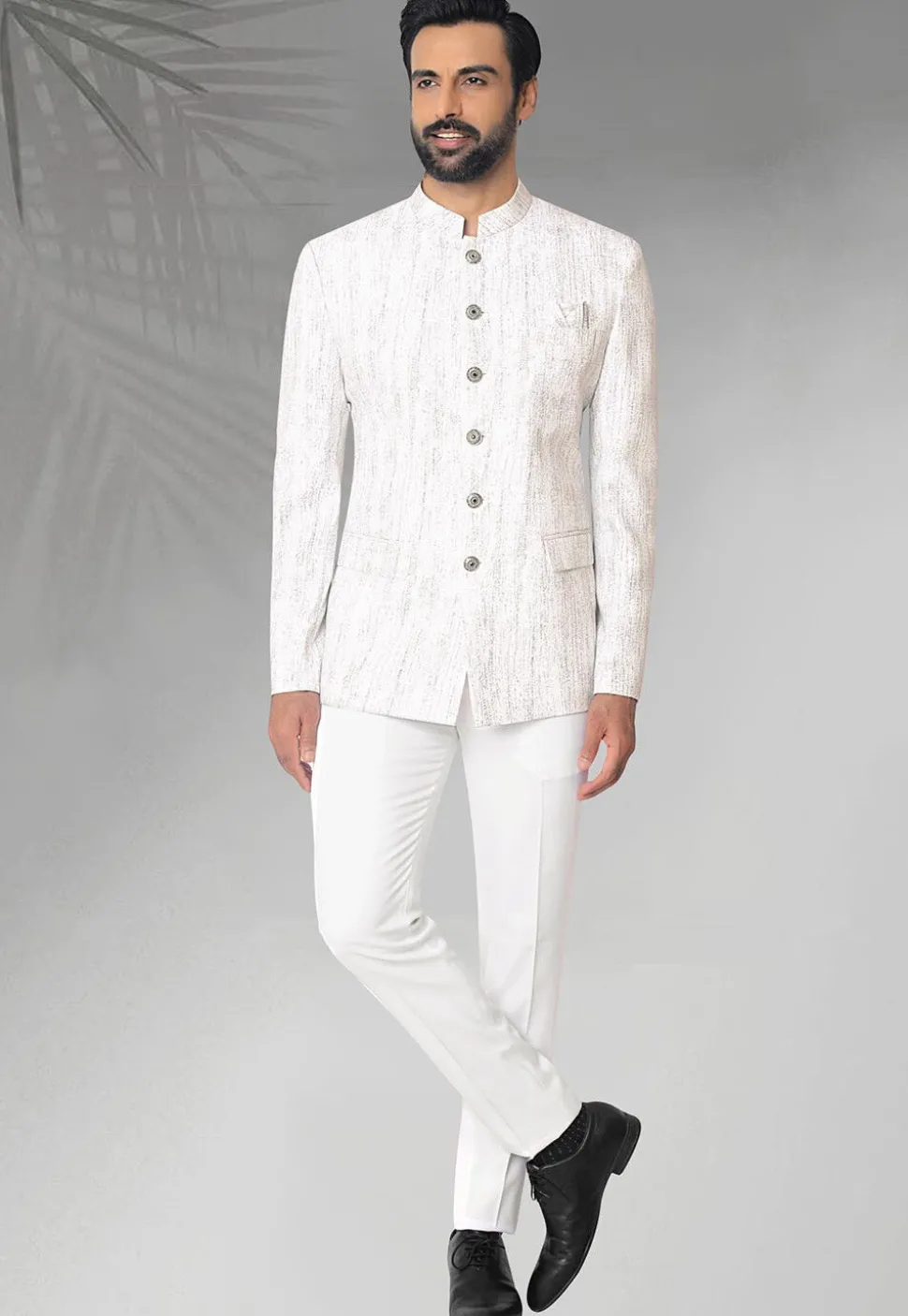 Digital Printed Terry Rayon Jodhpuri Suit in Off White