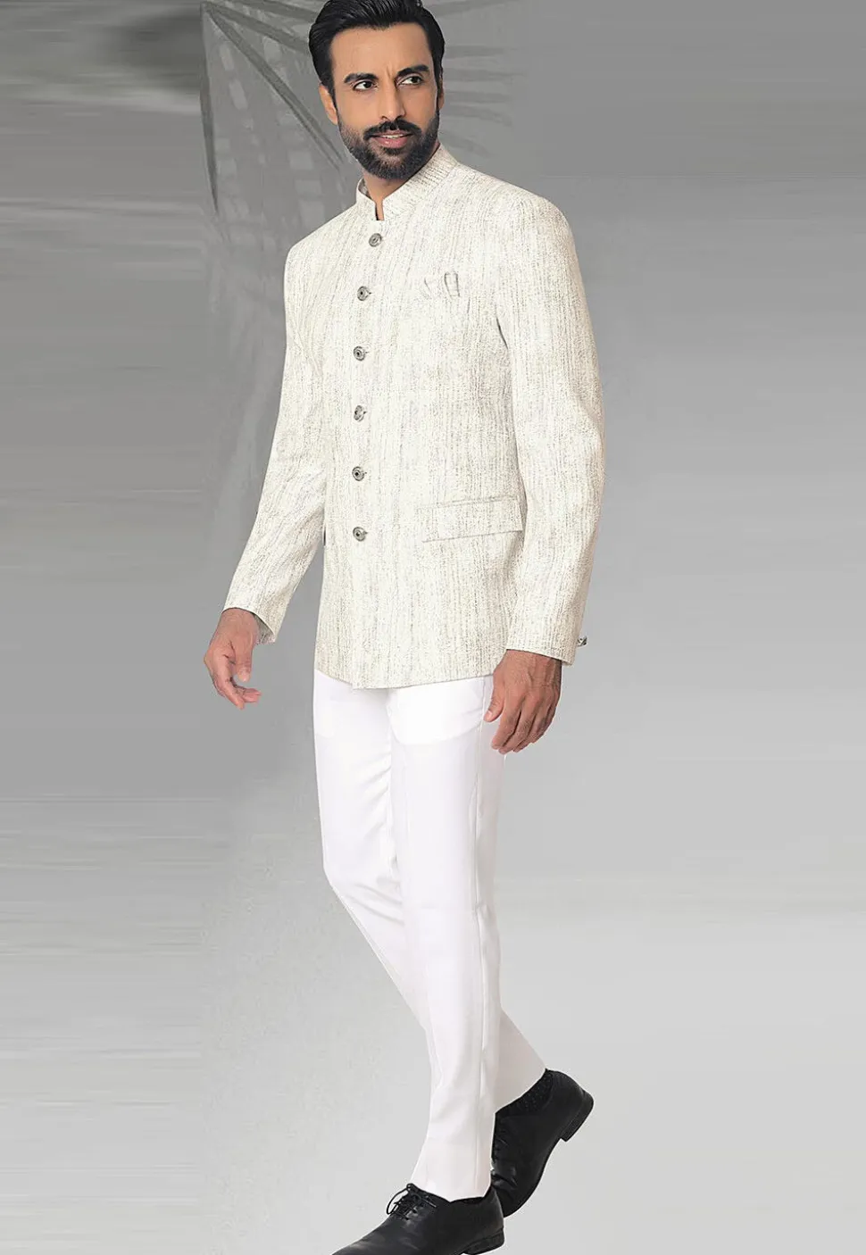 Digital Printed Terry Rayon Jodhpuri Suit in Off White