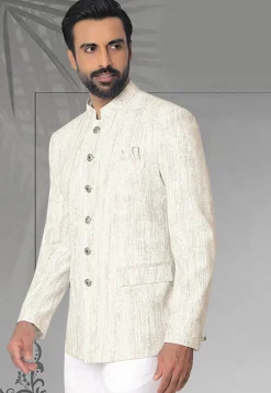 Digital Printed Terry Rayon Jodhpuri Jacket in Off White