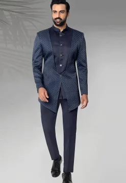 Digital Printed Terry Rayon Layered Jodhpuri Suit in Navy Blue
