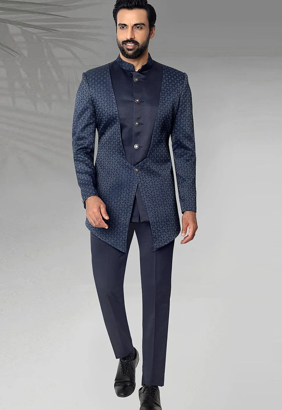 Digital Printed Terry Rayon Layered Jodhpuri Suit in Navy Blue