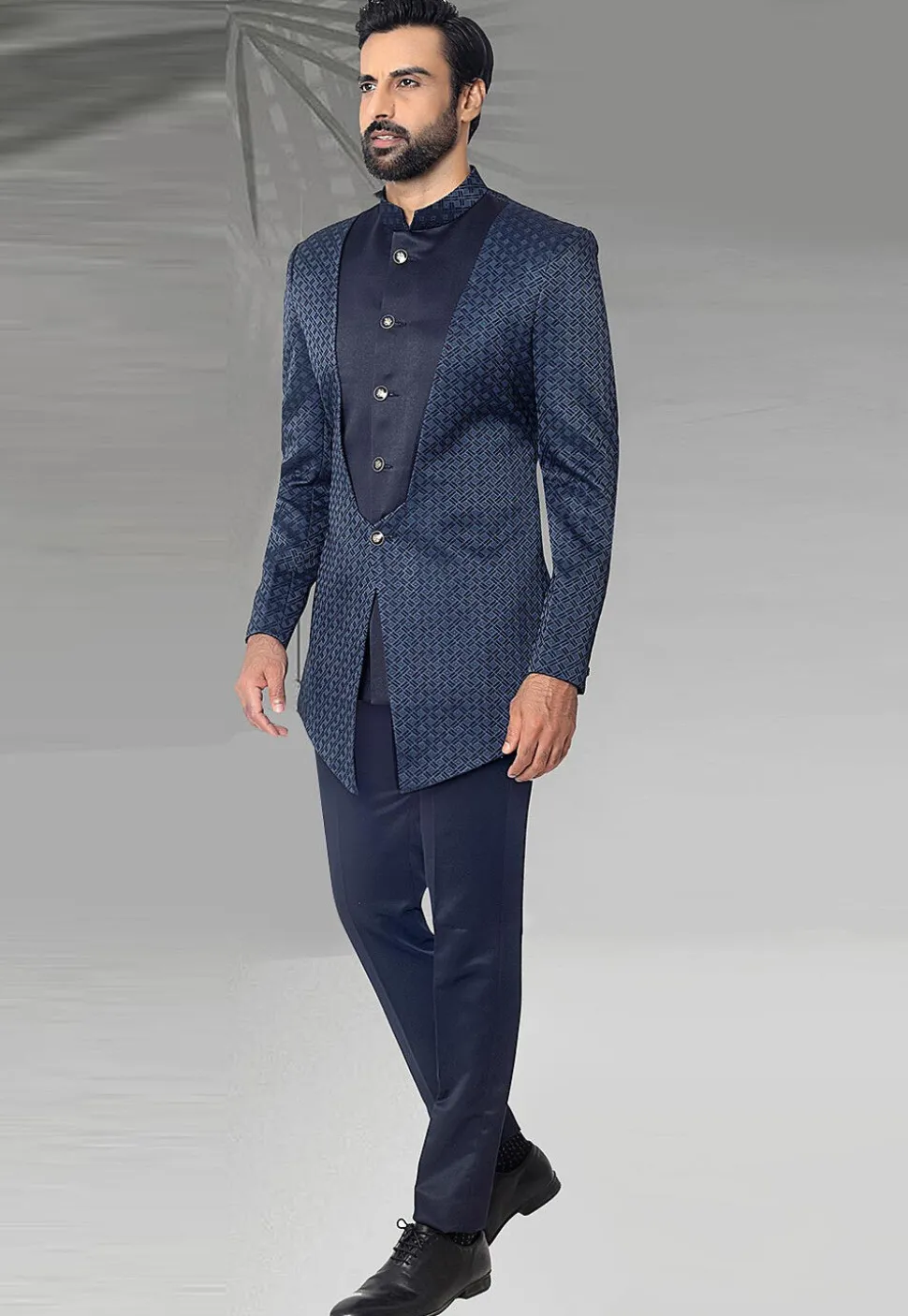 Digital Printed Terry Rayon Layered Jodhpuri Suit in Navy Blue