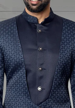 Digital Printed Terry Rayon Layered Jodhpuri Suit in Navy Blue