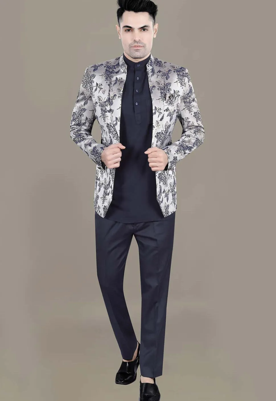 Digital Printed Terry Rayon Jodhpuri Jacket in Silver