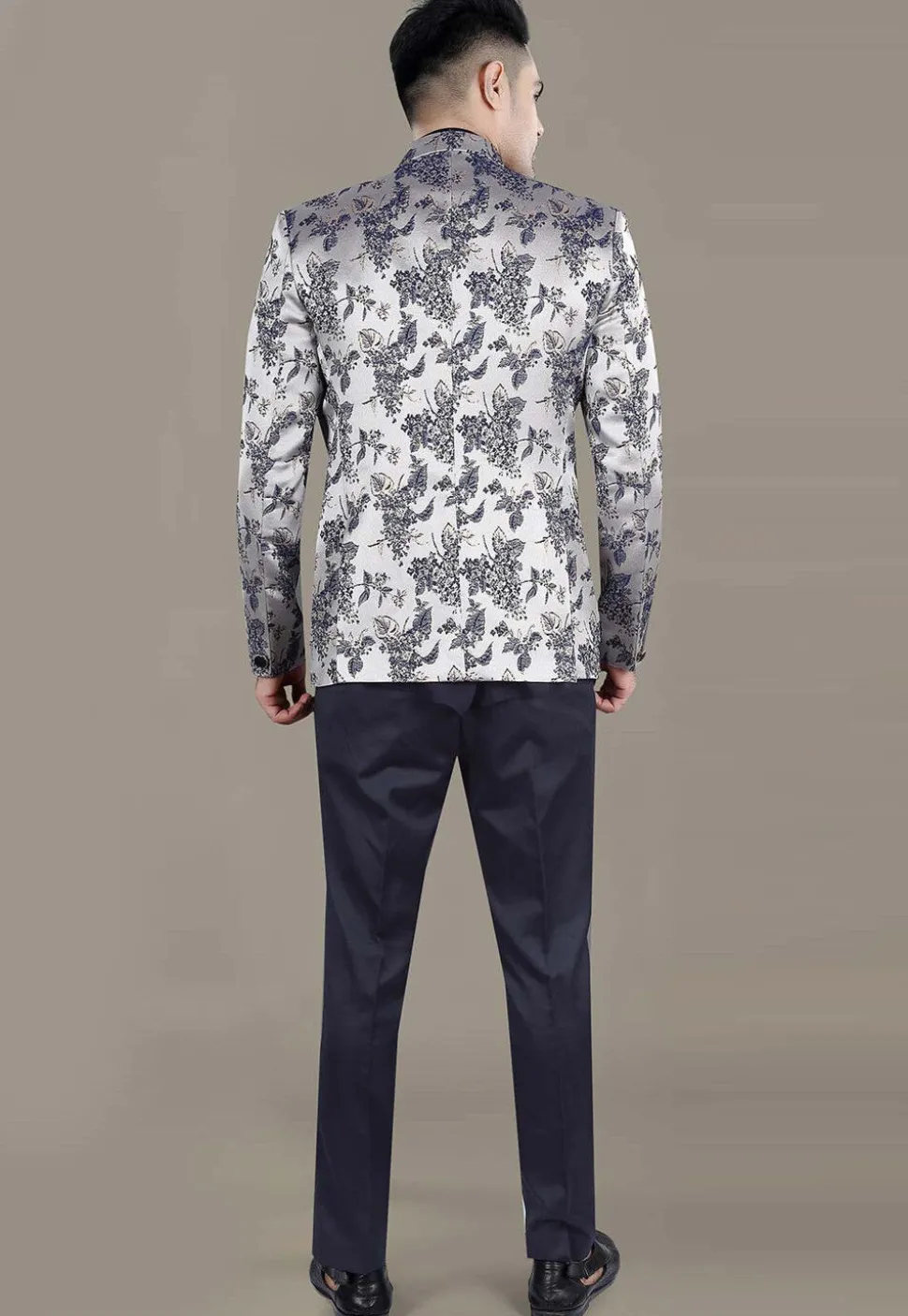 Digital Printed Terry Rayon Jodhpuri Jacket in Silver