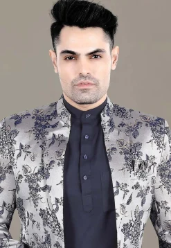 Digital Printed Terry Rayon Jodhpuri Jacket in Silver