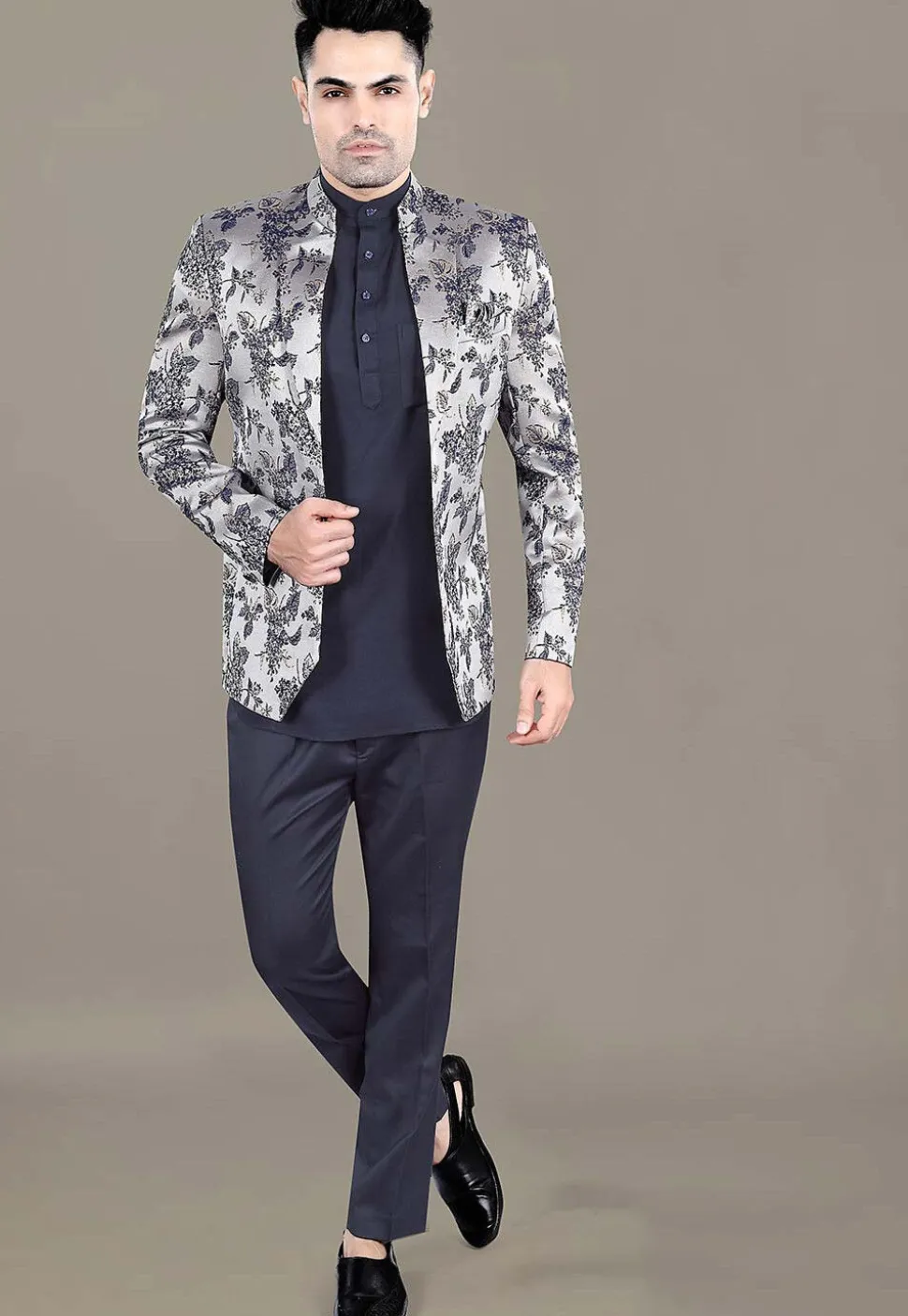 Digital Printed Terry Rayon Jodhpuri Suit in Grey
