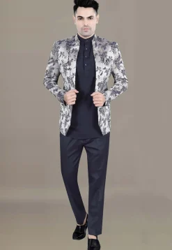 Digital Printed Terry Rayon Jodhpuri Suit in Grey