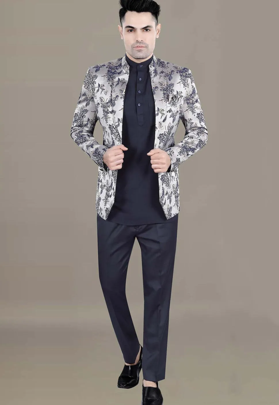 Digital Printed Terry Rayon Jodhpuri Suit in Grey