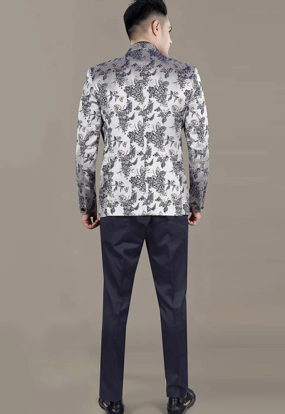Digital Printed Terry Rayon Jodhpuri Suit in Grey