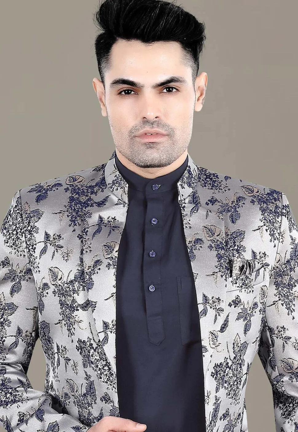Digital Printed Terry Rayon Jodhpuri Suit in Grey