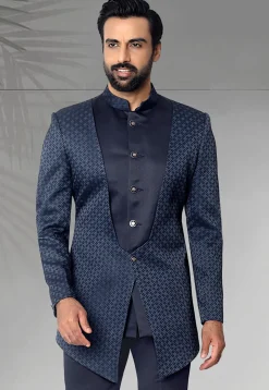 Digital Printed Terry Rayon Jodhpuri Jacket in Navy Blue