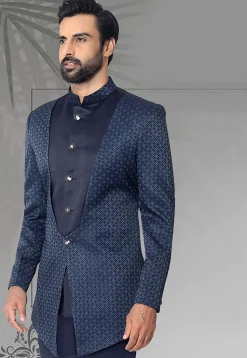 Digital Printed Terry Rayon Jodhpuri Jacket in Navy Blue