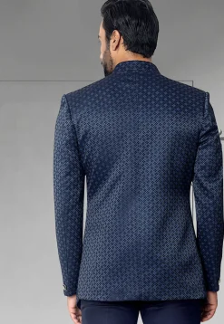 Digital Printed Terry Rayon Jodhpuri Jacket in Navy Blue