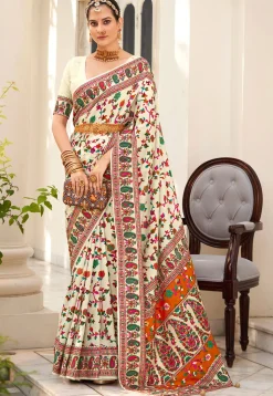 Digital Printed Tussar Silk Saree in Off White