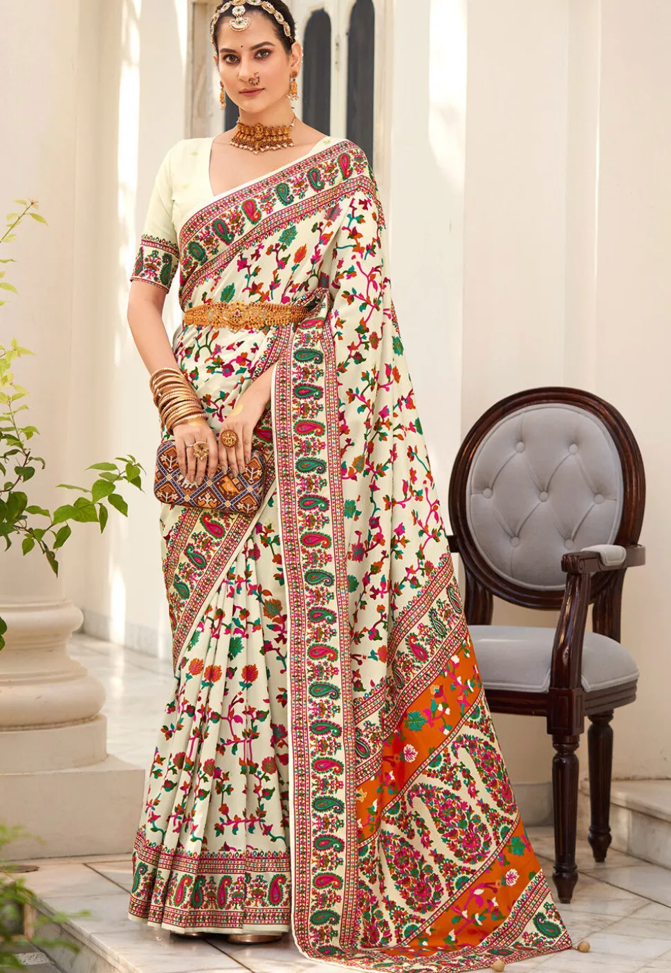 Digital Printed Tussar Silk Saree in Off White