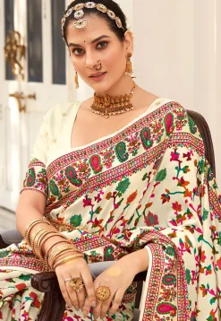 Digital Printed Tussar Silk Saree in Off White