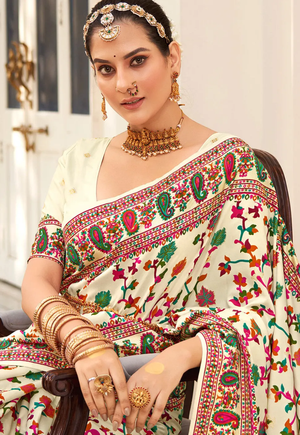 Digital Printed Tussar Silk Saree in Off White