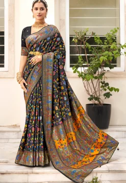 Digital Printed Tussar Silk Saree in Black